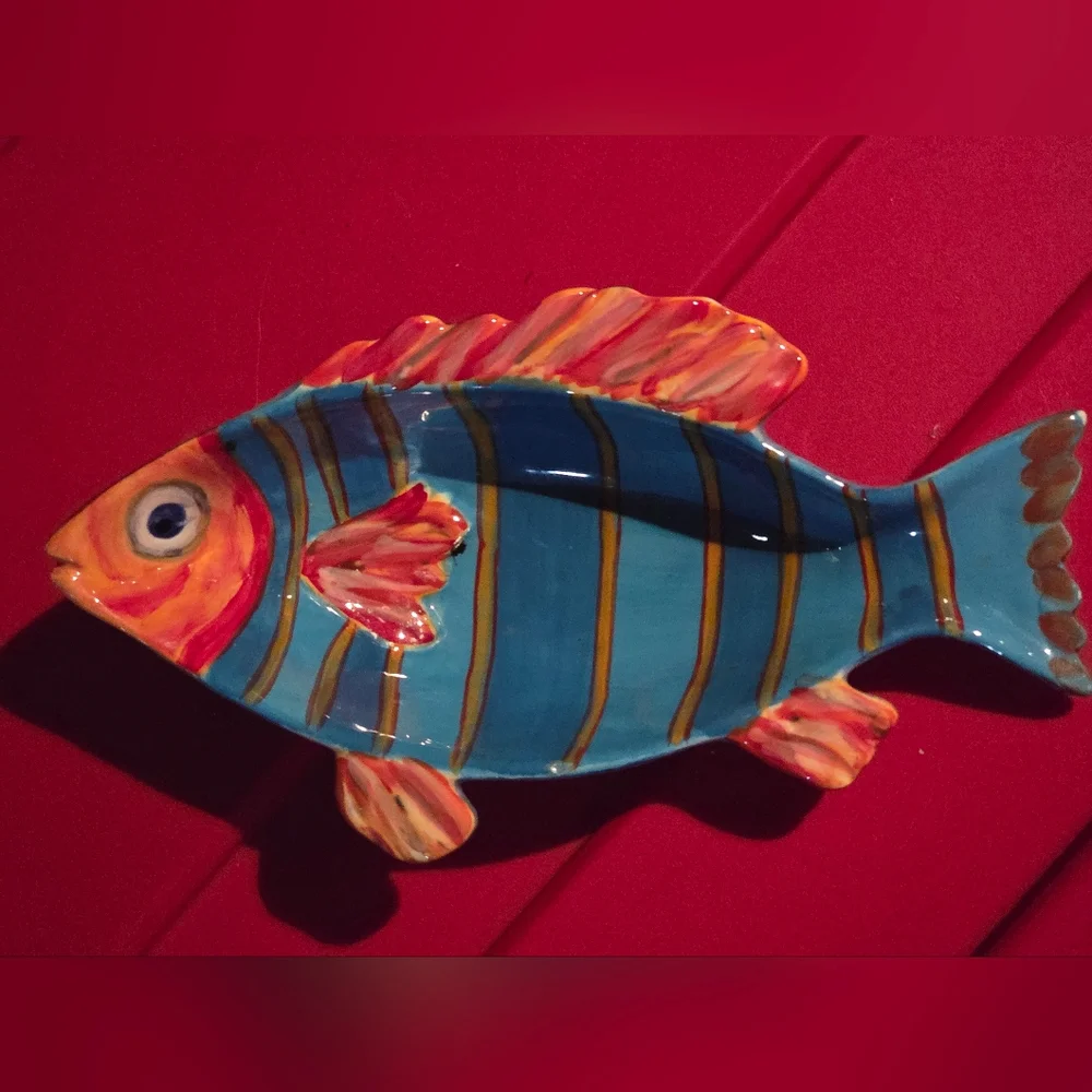 Blue and Orange Striped Ceramic Fish Accent - Decorative Aquarium-Inspired Dish